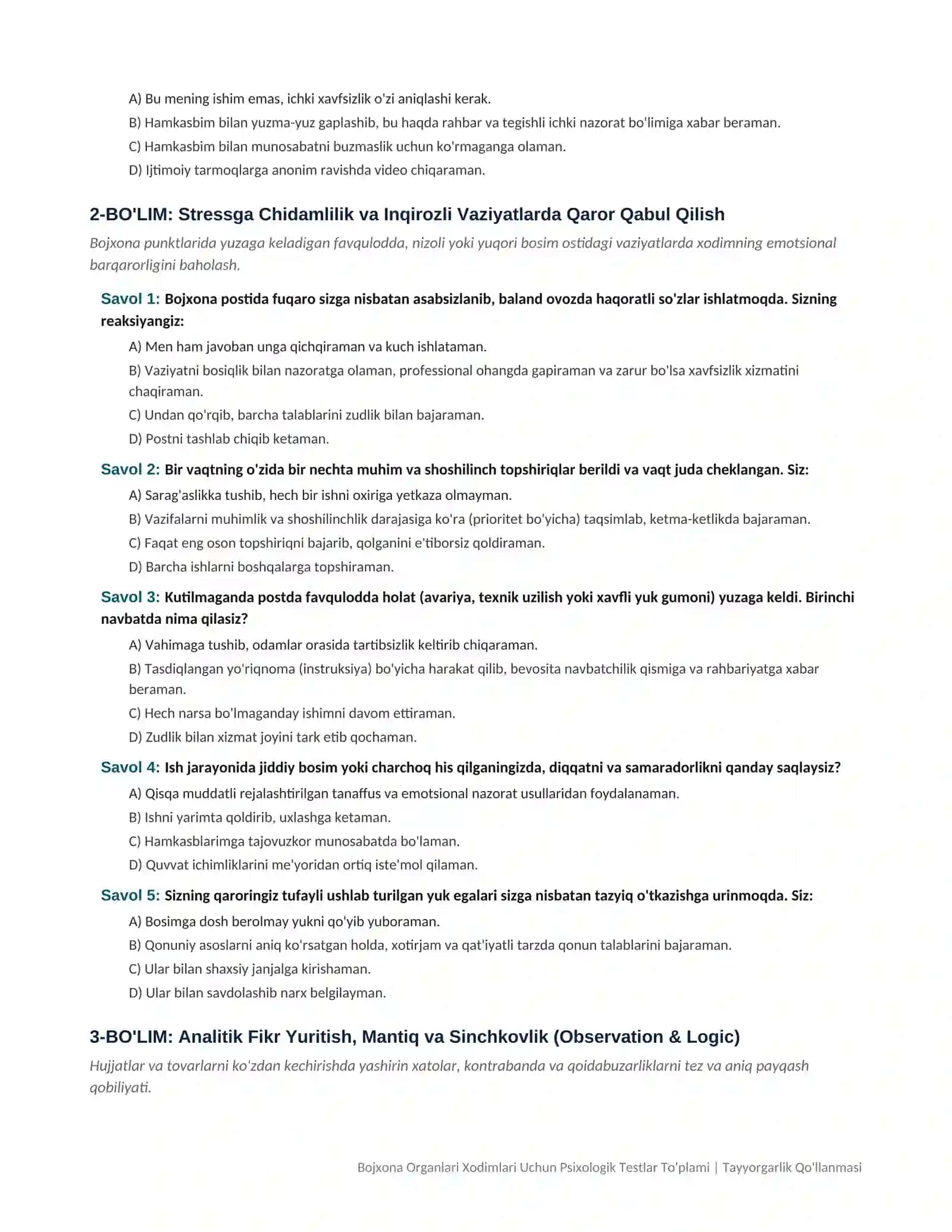 Bojxona xizmatiga ishga kirish uchun psixologik testlar to'plami va javoblari (1000 ta savol) 2