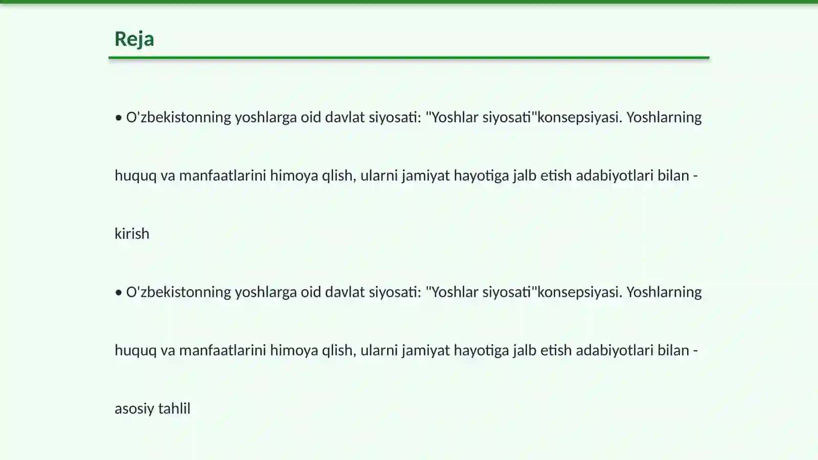 O'zbekistonning yoshlarga oid davlat siyosati: "Yoshlar siyosati" konsepsiyasi 2