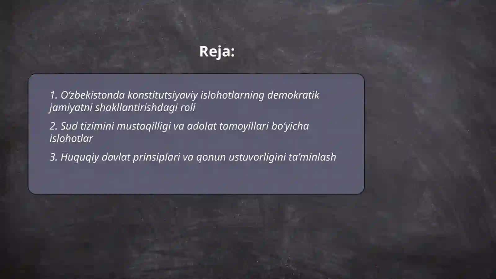 Oʻzbekistonda huquqiy siyosiy islohotlarning amalga oshishi demokratik jamiyatni shaklantirish yoʻlidagi islohotlar 2