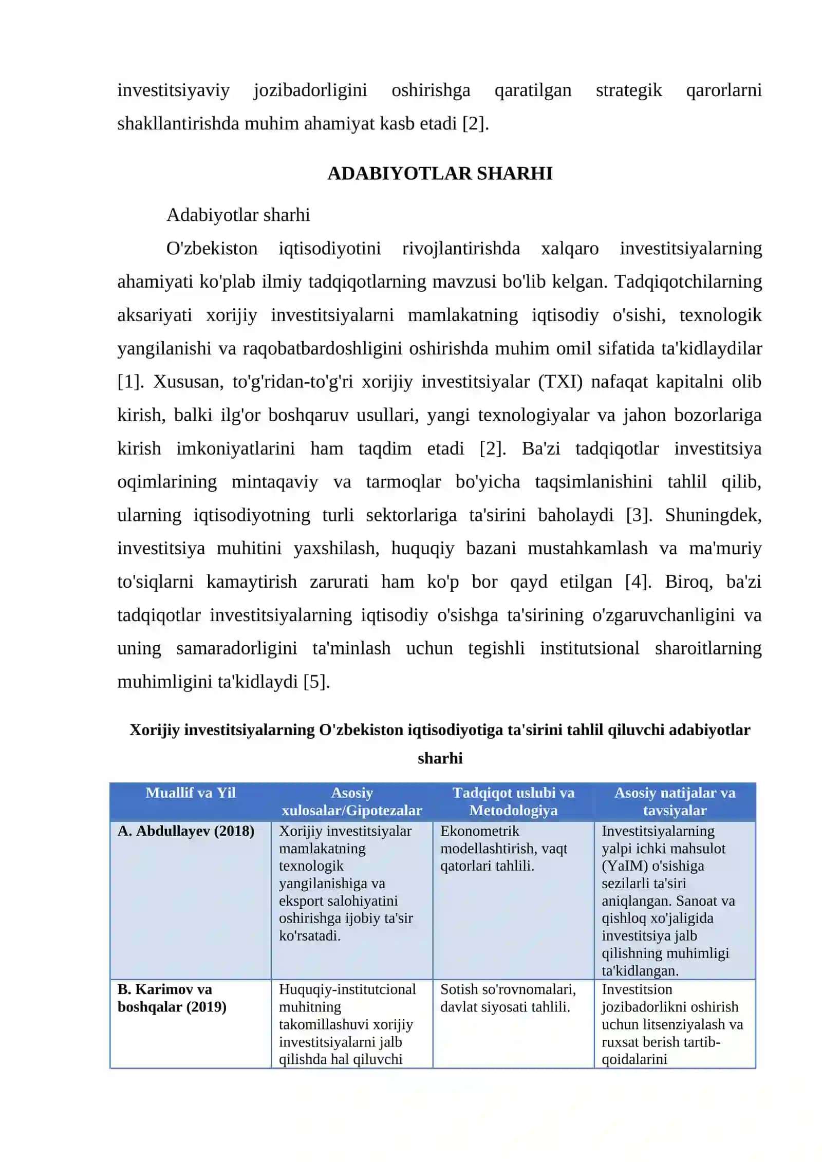 OZBEKISTON IQTISODIYOTINI RIVOJLANTIRISHDA XALQARO INVESTITSIYALARNI ROLI 2