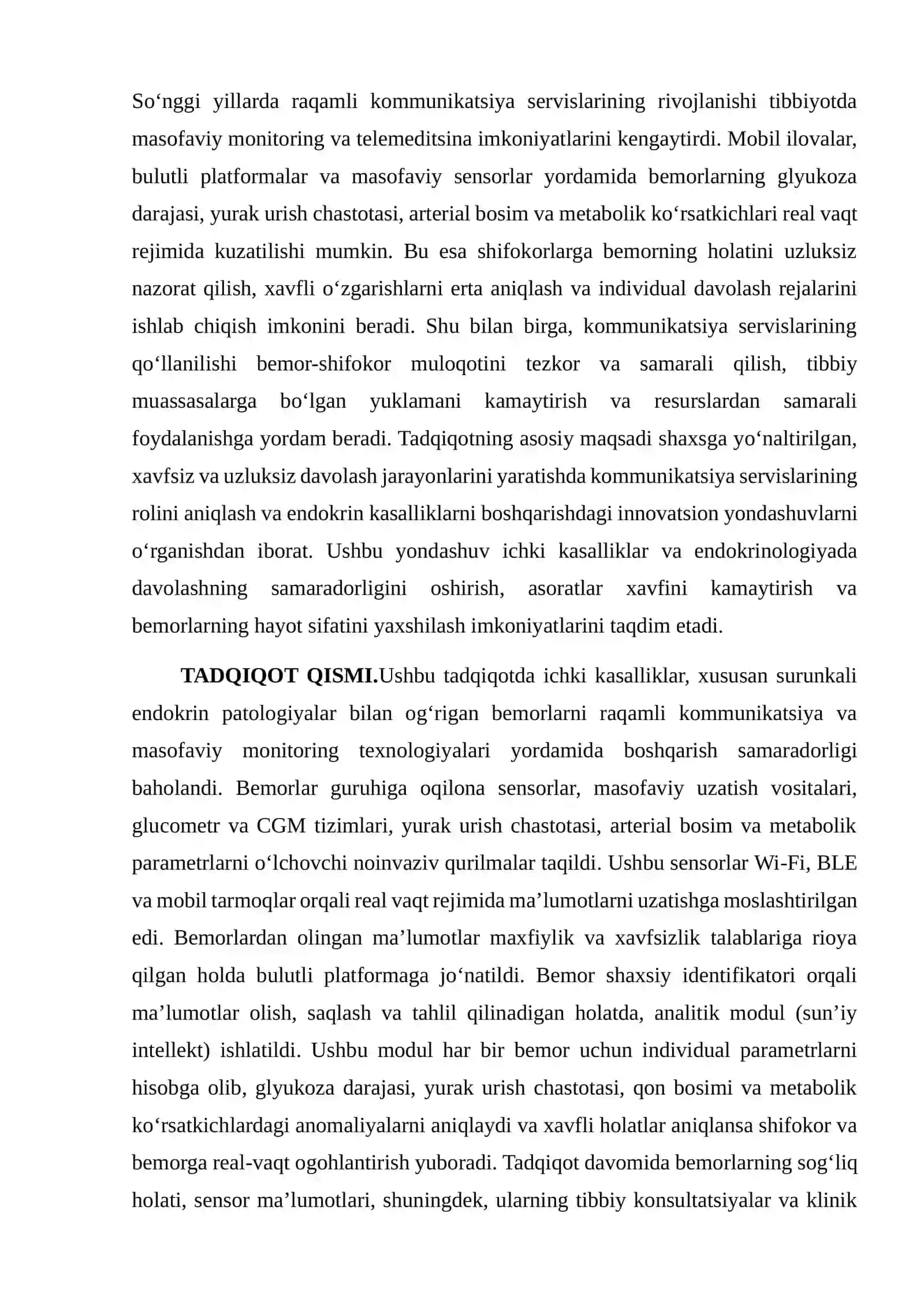 (maqola)ICHKI KASALLIKLAR VA ENDOKRINOLOGIYADA DAVOLASHNING INNOVATSION USULLARI: KOMMUNIKATSIYA SERVISLARI ORQALI BEMOR MONITORINGI VA MASOFAVIY DAVOLASH TEXNOLOGIYALARINING ROLI 2