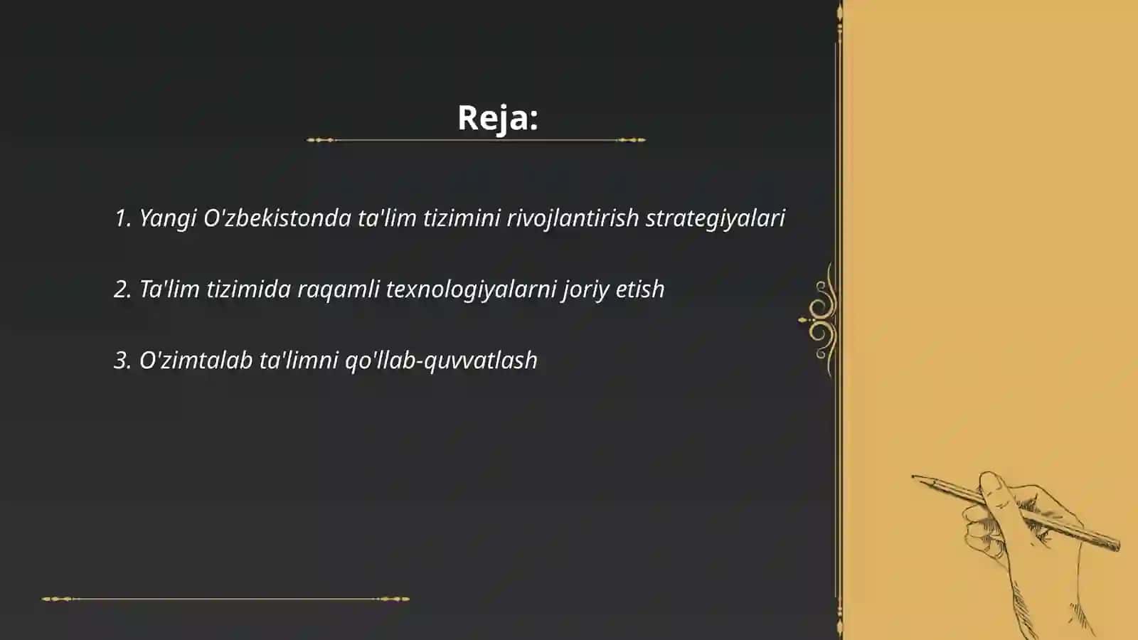 Yangi O'zbekistonda ta'lim tizimidagi islohotlar.Zamonaviy o'qitish va ta'lim tizimiga doir davlat siyosati 2
