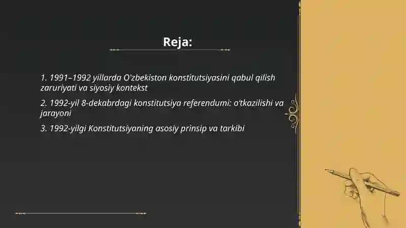 O'zbekiston Respublikasi konstitutsiyasini qabul qilinish tarixi(1991-2023 yy. ) 2