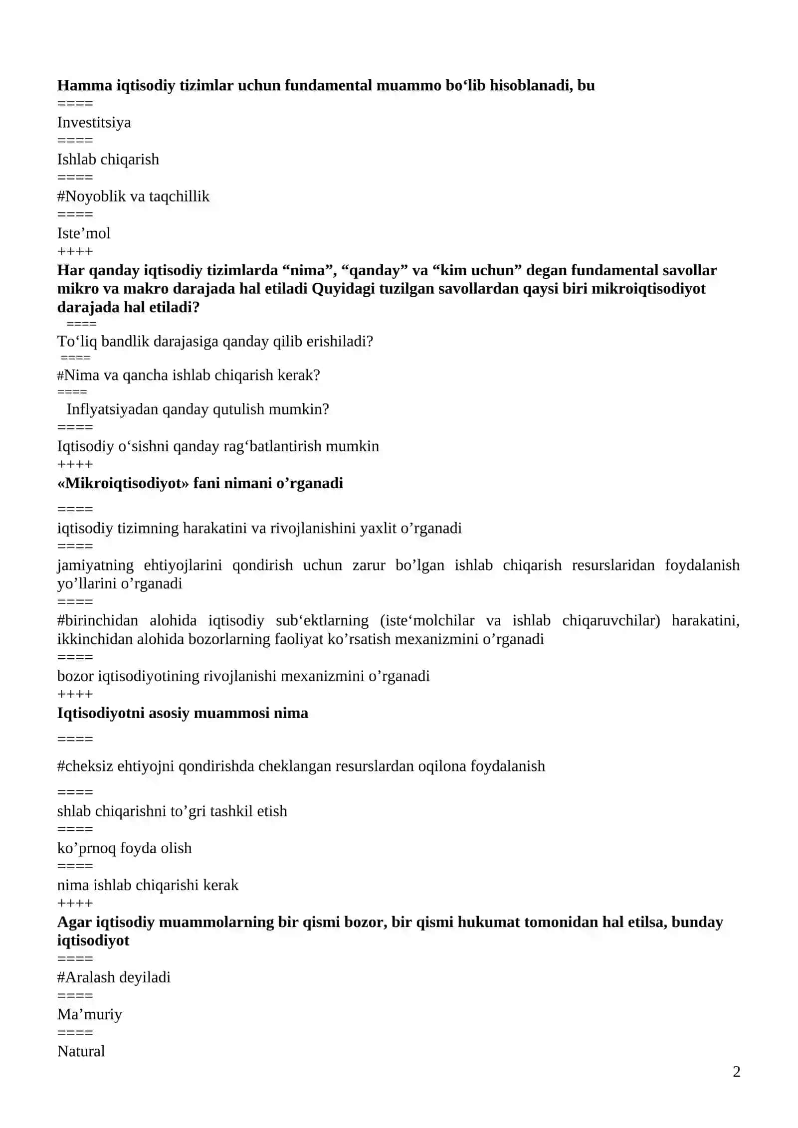 MAKROIQTISODIYOT VA MIKROIQTISODIYOT TESTLARI 2