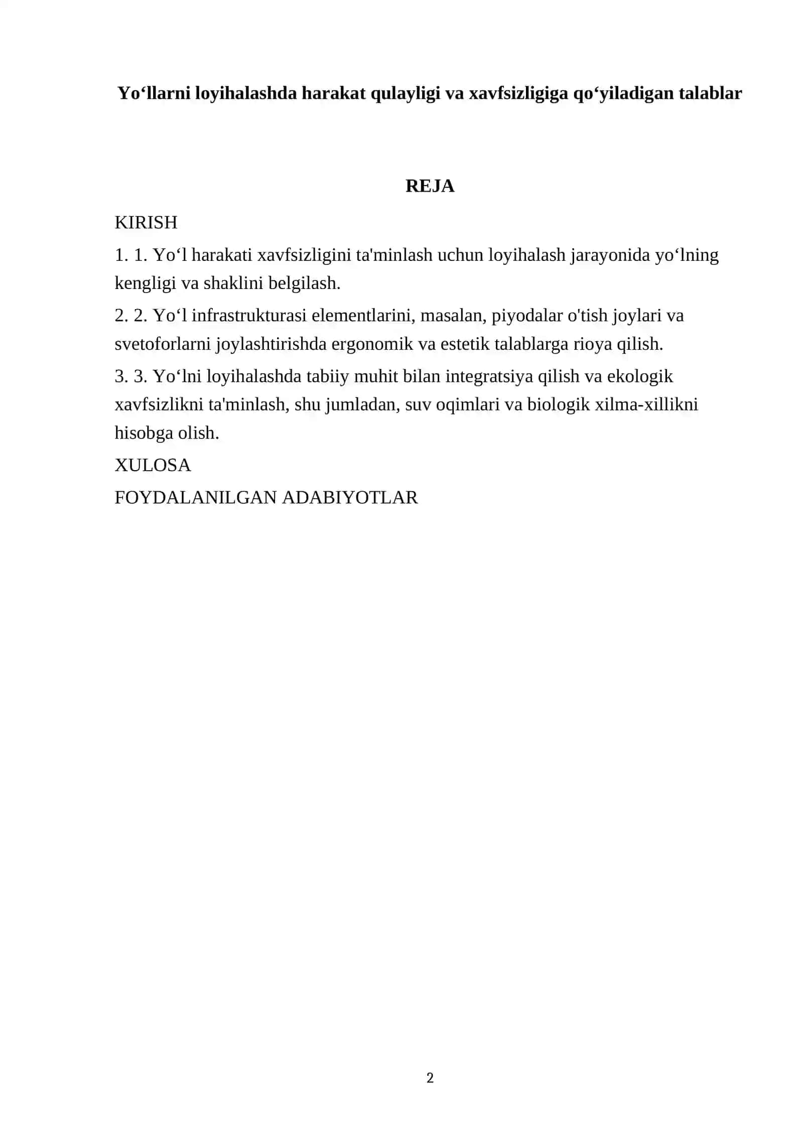 Yo‘llarni loyihalashda harakat qulayligi va xavfsizligiga qo‘yiladigan talablar 2