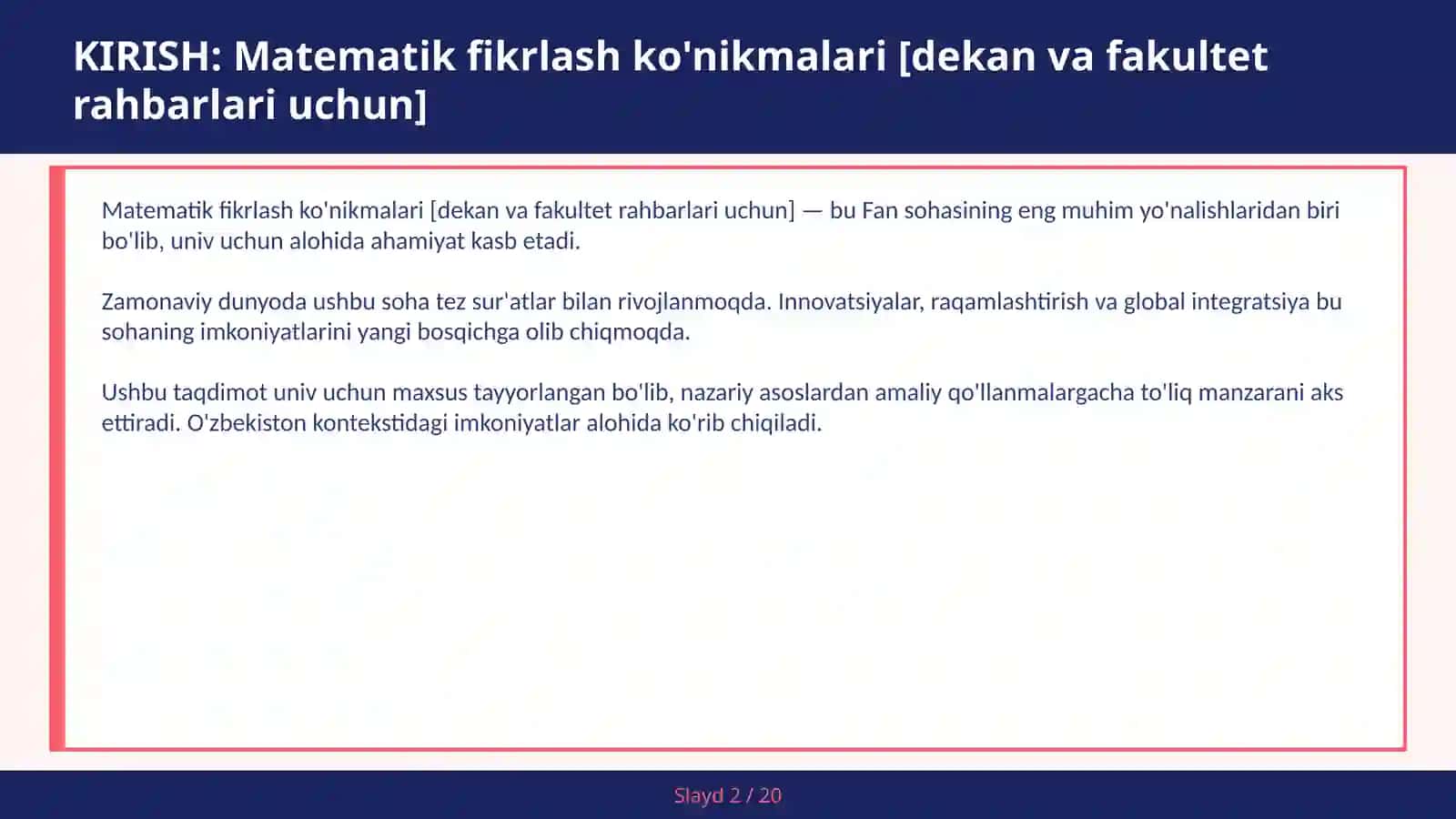 Matematik fikrlash ko'nikmalari [dekan va fakultet rahbarlari uchun] 2