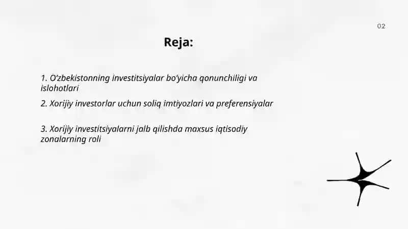 O’zbekistonda xorijiy investitsiyalamni jalb qilish siyosati 2