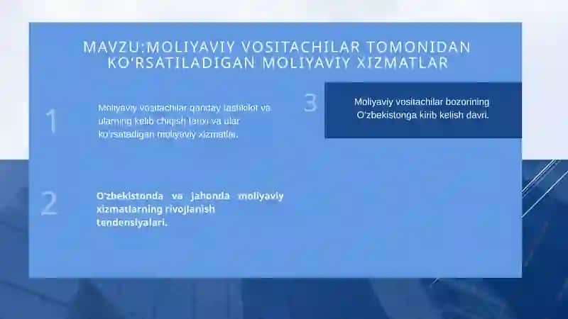 Moliyaviy vositachilar tomonidan ko‘rsatiladigan moliyaviy xizmatlar 2