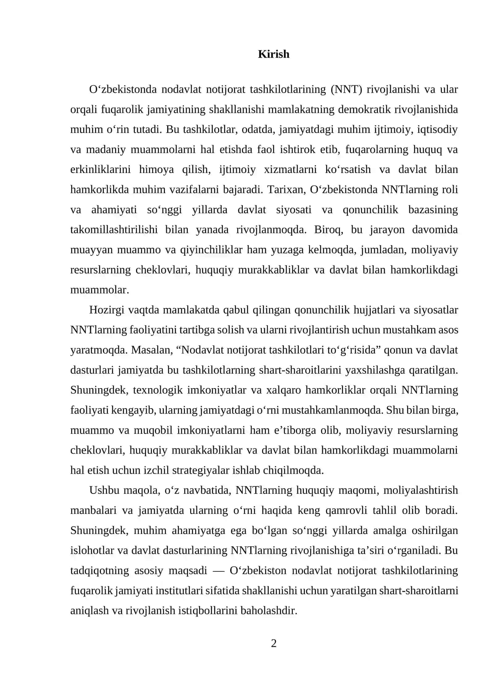 O‘zbekistonda nodavlat notijorat tashkilotlarining fuqarolik jamiyati instituti sifatida rivojlanishi uchun yaratilgan shart-sharoitlar 2