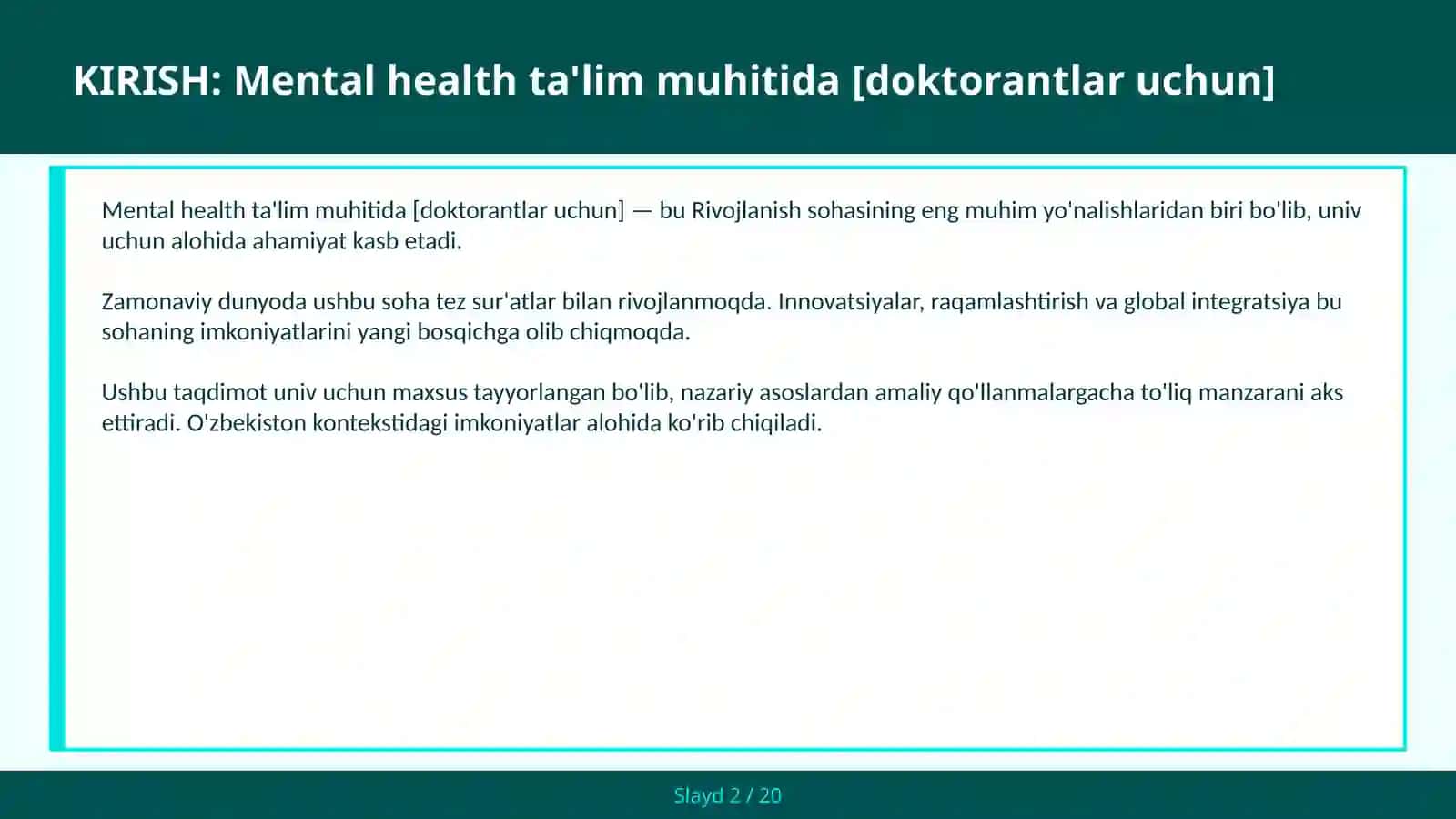 Mental health ta'lim muhitida [doktorantlar uchun] 2