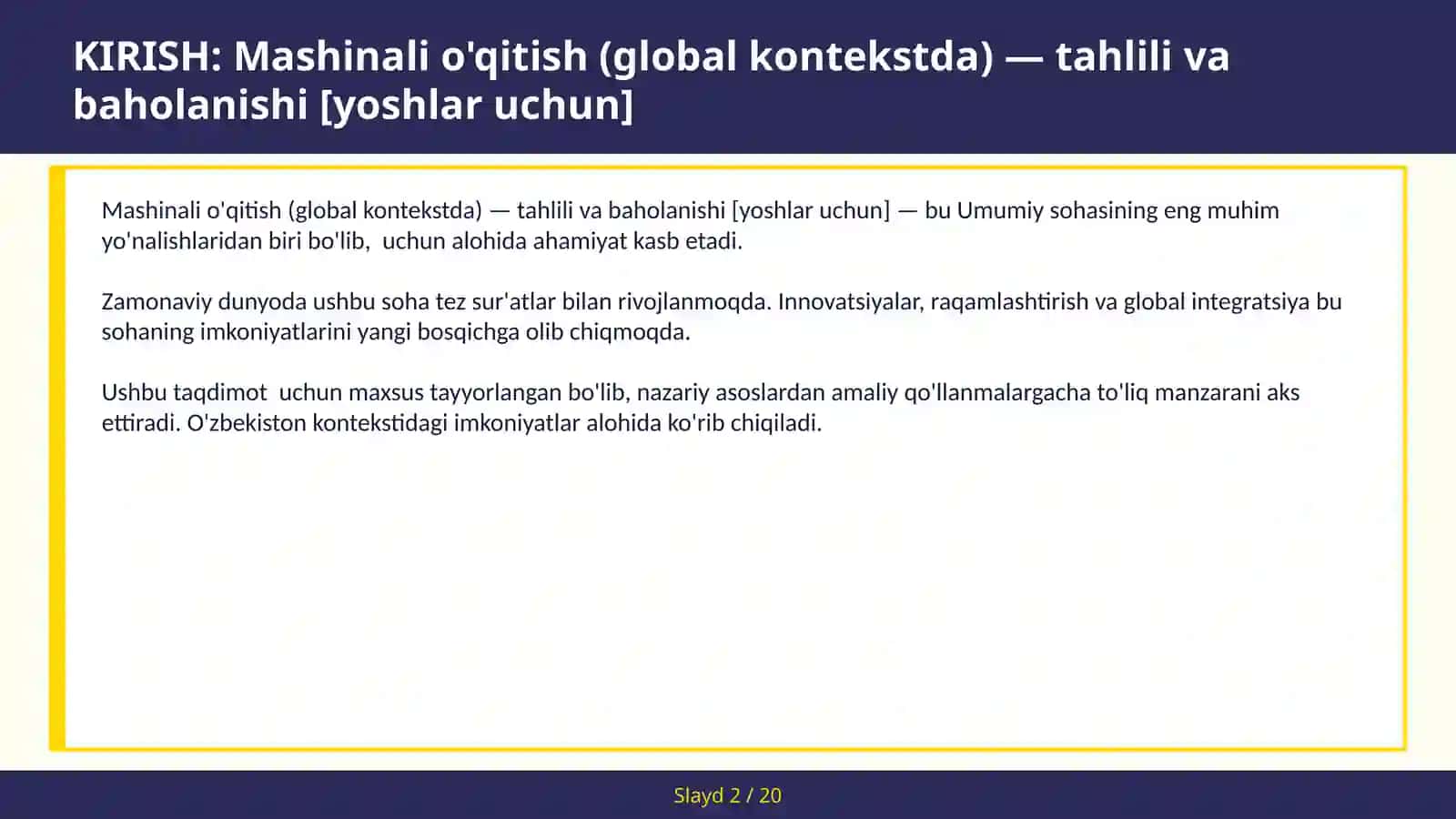 Mashinali o'qitish (global kontekstda) — tahlili va baholanishi [yoshlar uchun] 2