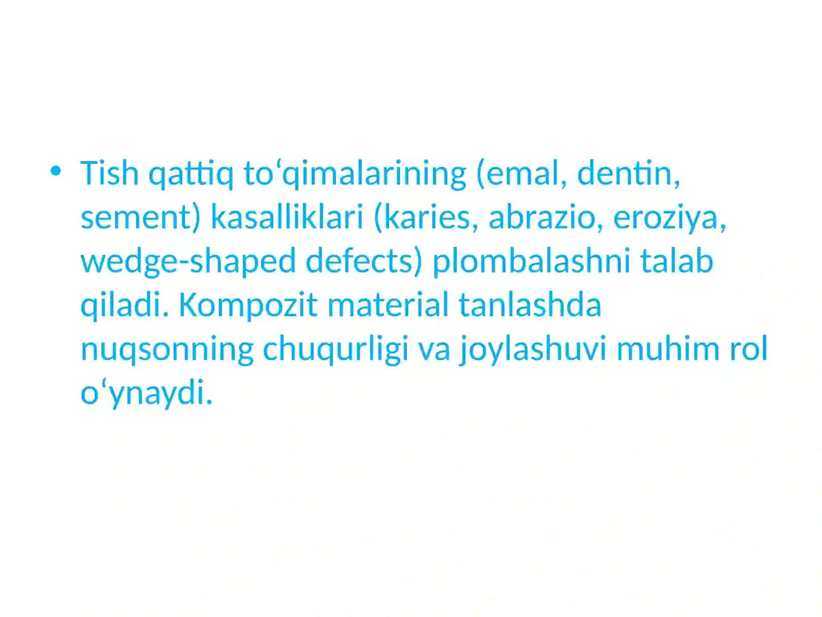 Tish qattiq toʻqima kasalliklarida nuqsonning joylashishi va chuqurligiga qarab kompozit plomba ashyosini tanlash mezonlari 2