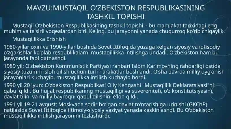 Mustaqil O‘zbekiston Respublikasining tashkil topishi 2