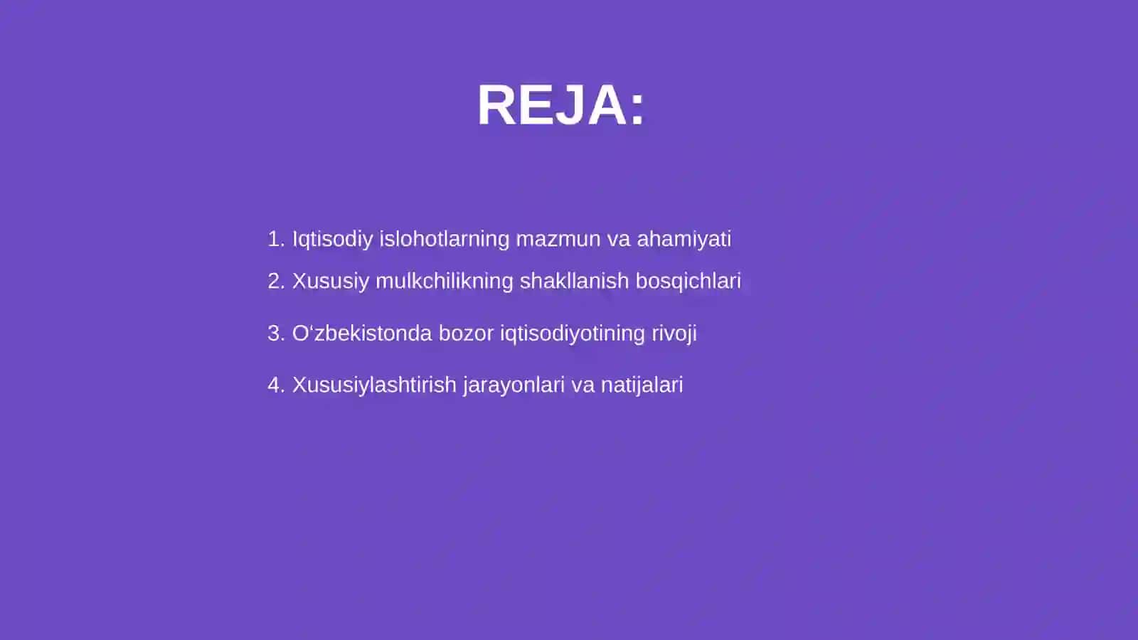Iqtisodiy islohotlar xususiy mulkchilikning shakllanishi Oʻzbekistonda Bozor munosabatlarinig rivojlanishi 2