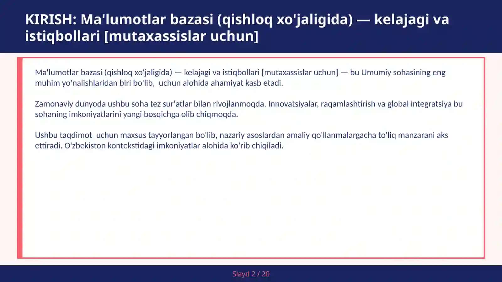 MA'LUMOTLAR BAZASI (QISHLOQ XO'JALIGIDA) — KELAJAGI VA ISTIQBOLLARI [MUTAXASSISLAR UCHUN] 2