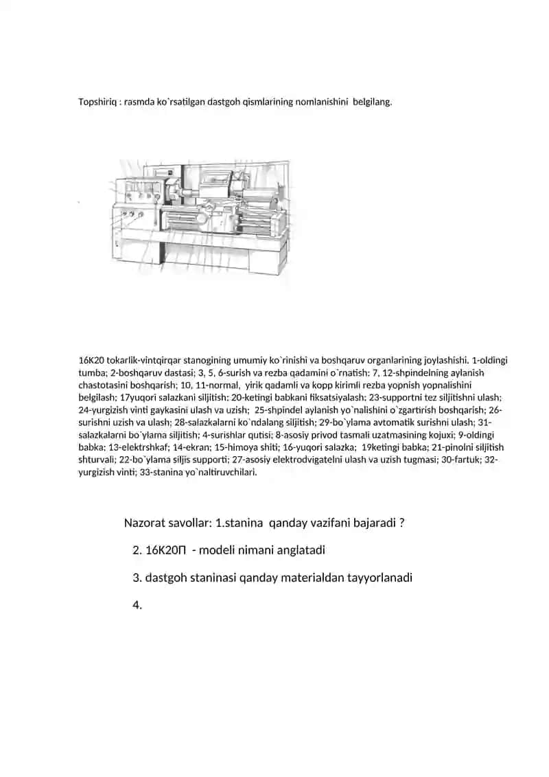 Tokarlik dastgohining tuzilishi va asosiy qismlari 2