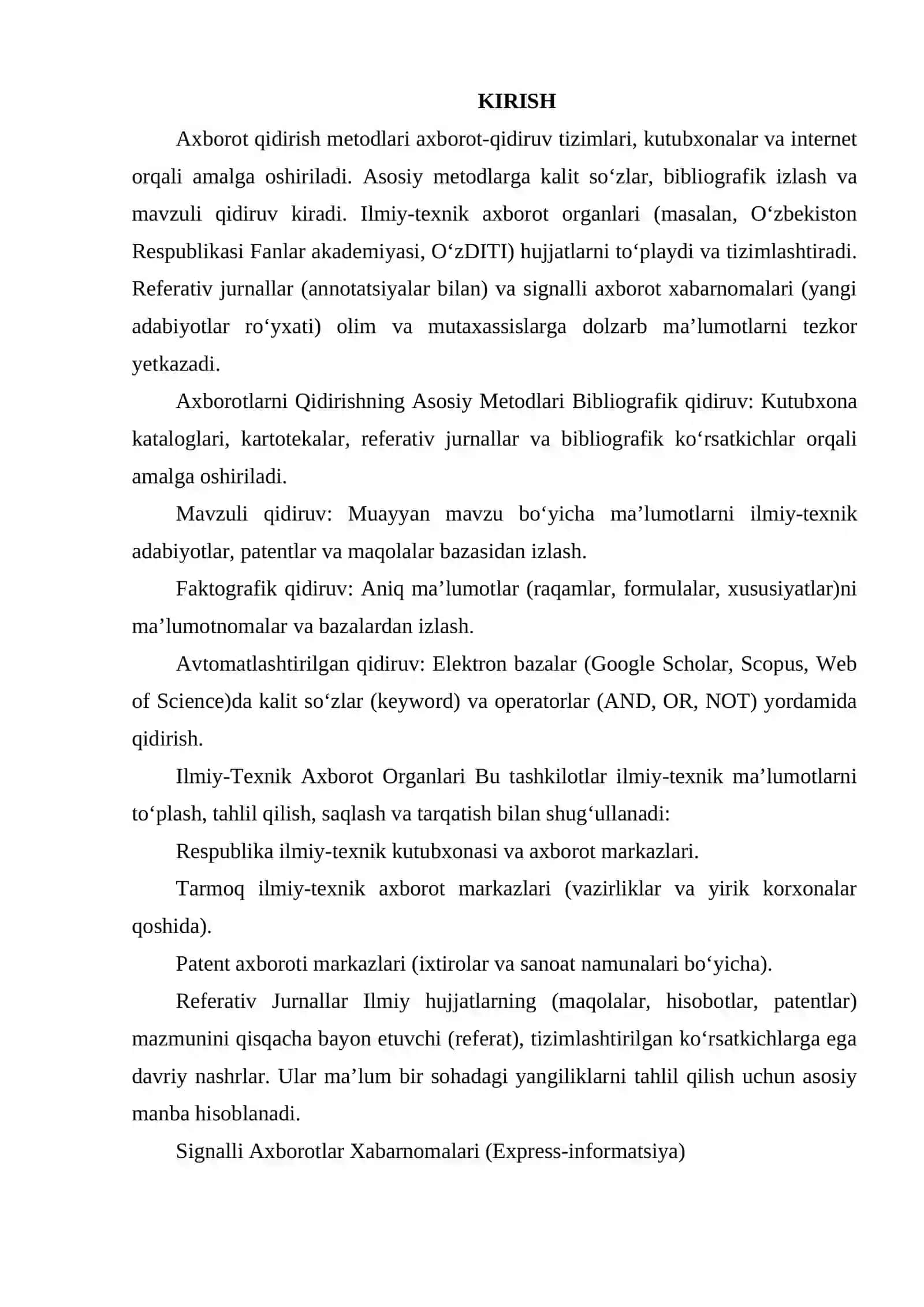AXBOROTLARNI QIDIRISHNING ASOSIY METODLARI. ILMIY - TEXNIK AXBOROT ORGANLARI. REFERATIV JURNALLAR. SIGNALLI AXBOROTLAR XABARNOMALARI. 2