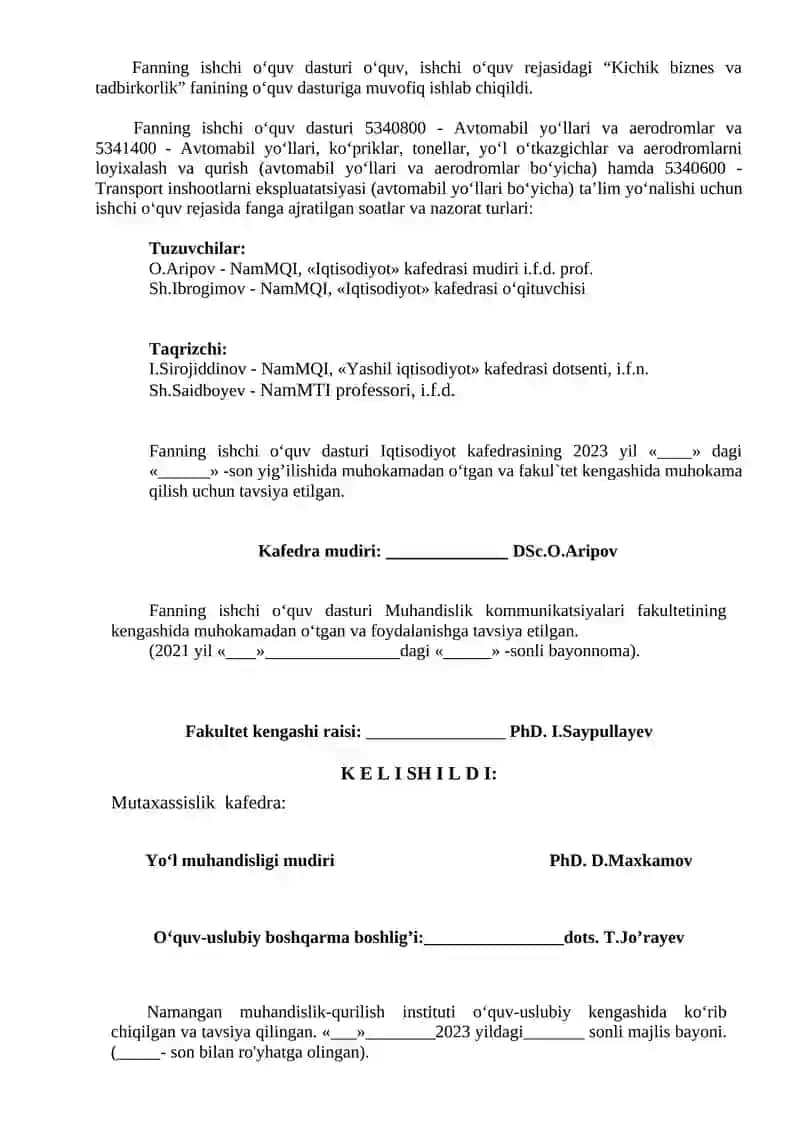 ISHCHI FAN DASTURI (sirtqi ta’lim) 2