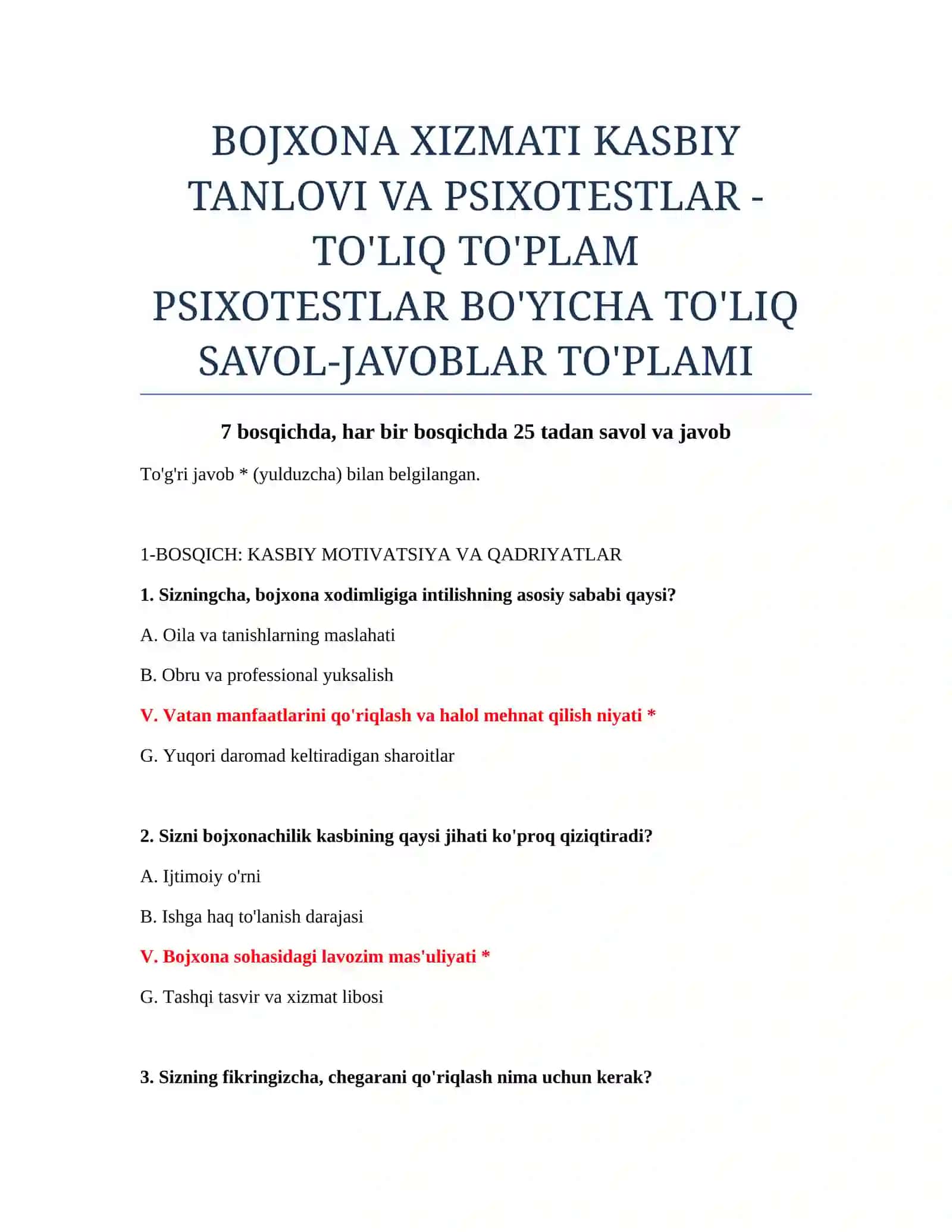 PSIXOTESTLAR BO'YICHA TO'LIQ SAVOL-JAVOBLAR TO'PLAMI 2