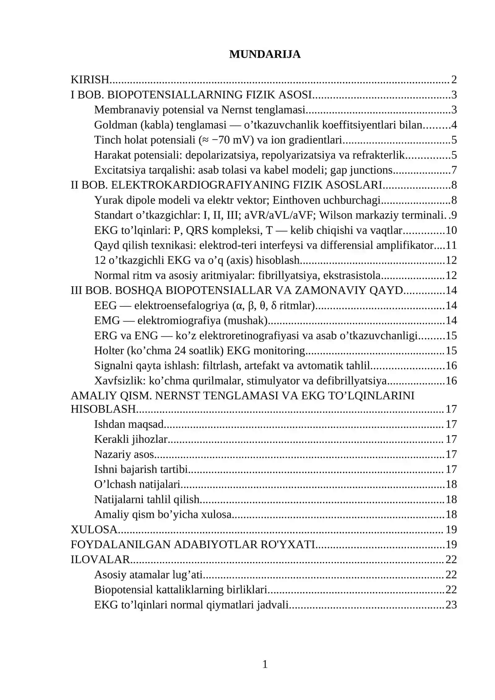 BIOPOTENSIALLARNI QAYD QILISHNING FIZIK ASOSLARI. ELEKTROKARDIOGRAFIYANING FIZIK ASOSLARINI O’RGANISH 2