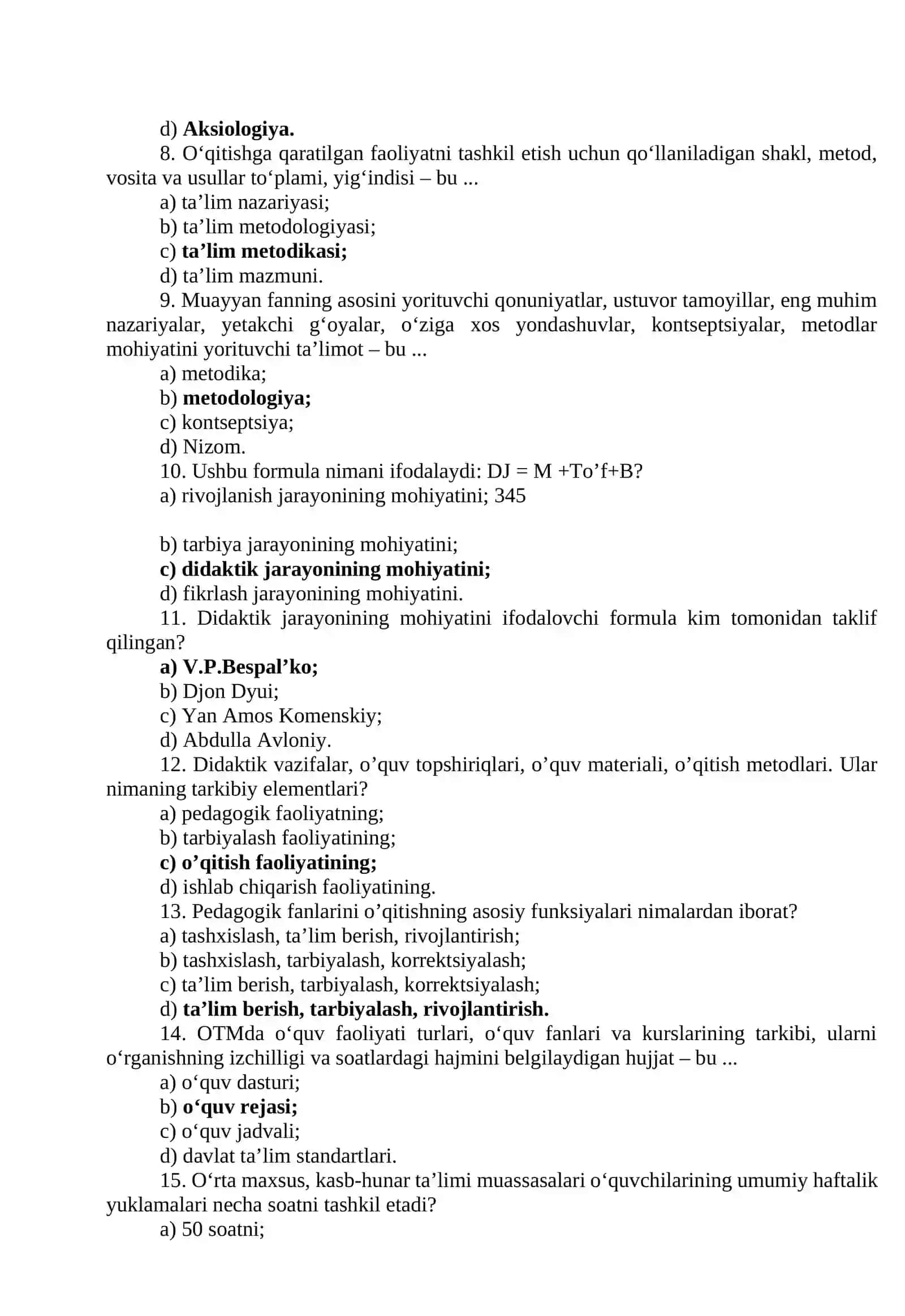 “PEDAGOGIKA FANLARINI O‘QITISH METODIKASI”  FANI BO‘YICHA TEST TOPSHIRIQLARI (100 ta) 2
