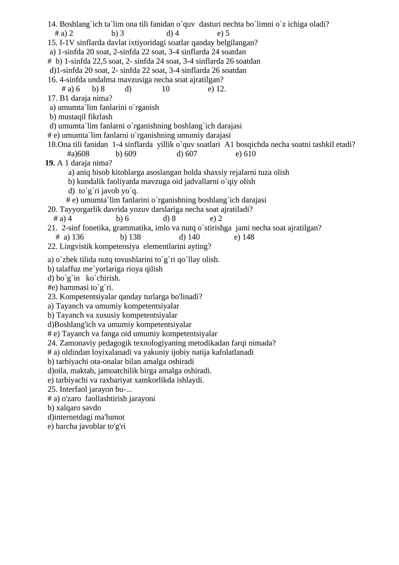 Boshlang’ich ta`lim yo`nalishi o`qituvchilari uchun testlar 2