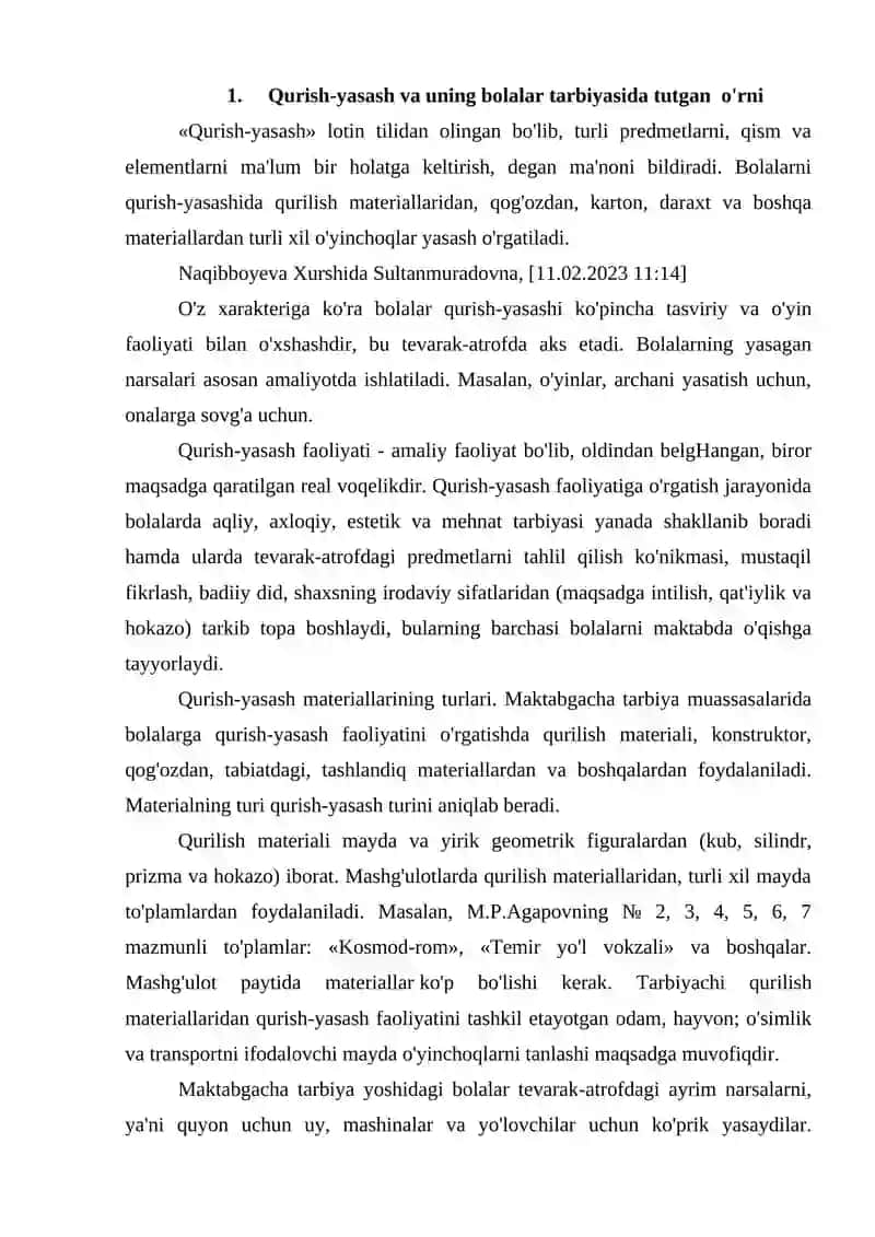 Qurish-yasash va uning bolalar tarbiyasida tutgano'rni 2