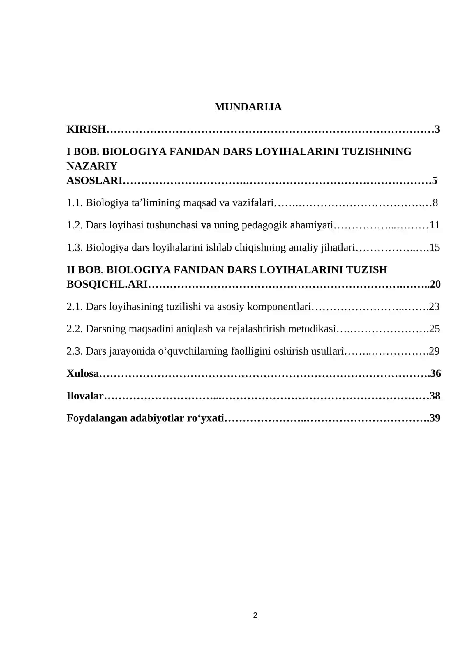 BIOLOGIYA FANIDAN DARS LOYIHALARINI TUZISH METODIKASI 2