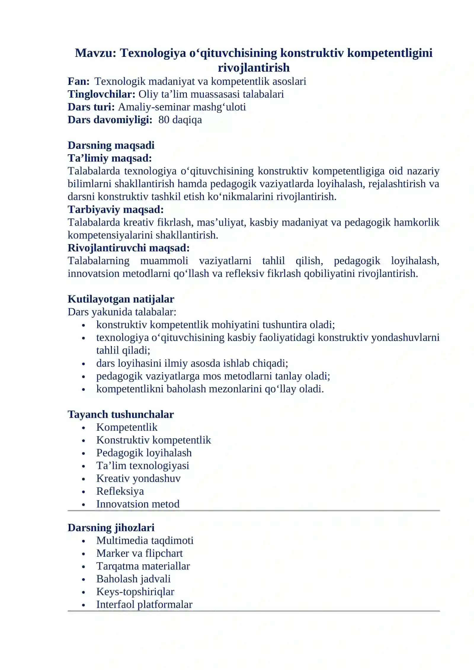 Texnologiya o‘qituvchisining konstruktiv kompetentligini rivojlantirish mavzusida dars ishlanma 2