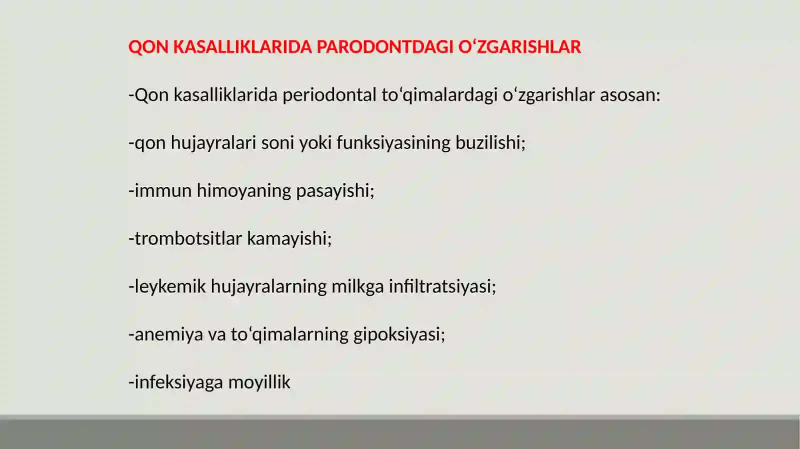 QON KASALLIKLARIDA PARODONT O’ZGARISHLARI. KLINIKASI, QIYOSIY TASHXISI, DAVOLASH, PROFILAKTIKASI 2