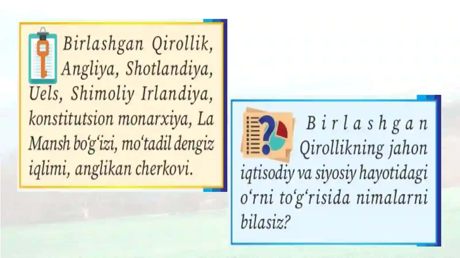 Buyuk Britaniya va Shimoliy Irlandiya Birlashgan Qirolligi. 10-sinf geografiya dars ishlanma 2
