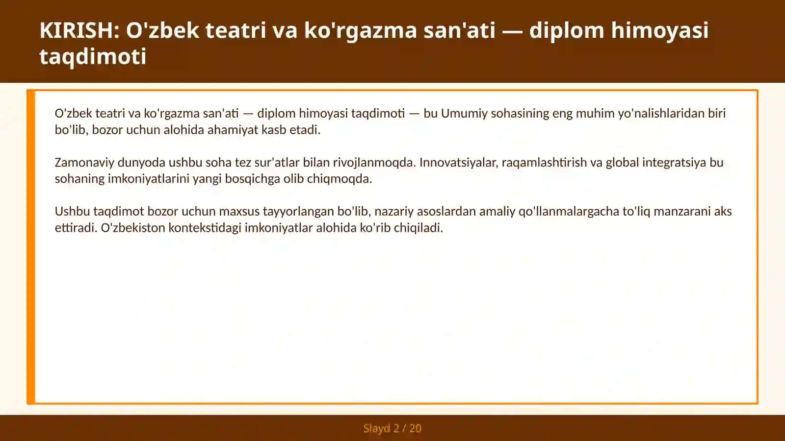 O'zbek teatri va ko'rgazma san'ati — diplom himoyasi taqdimoti 2