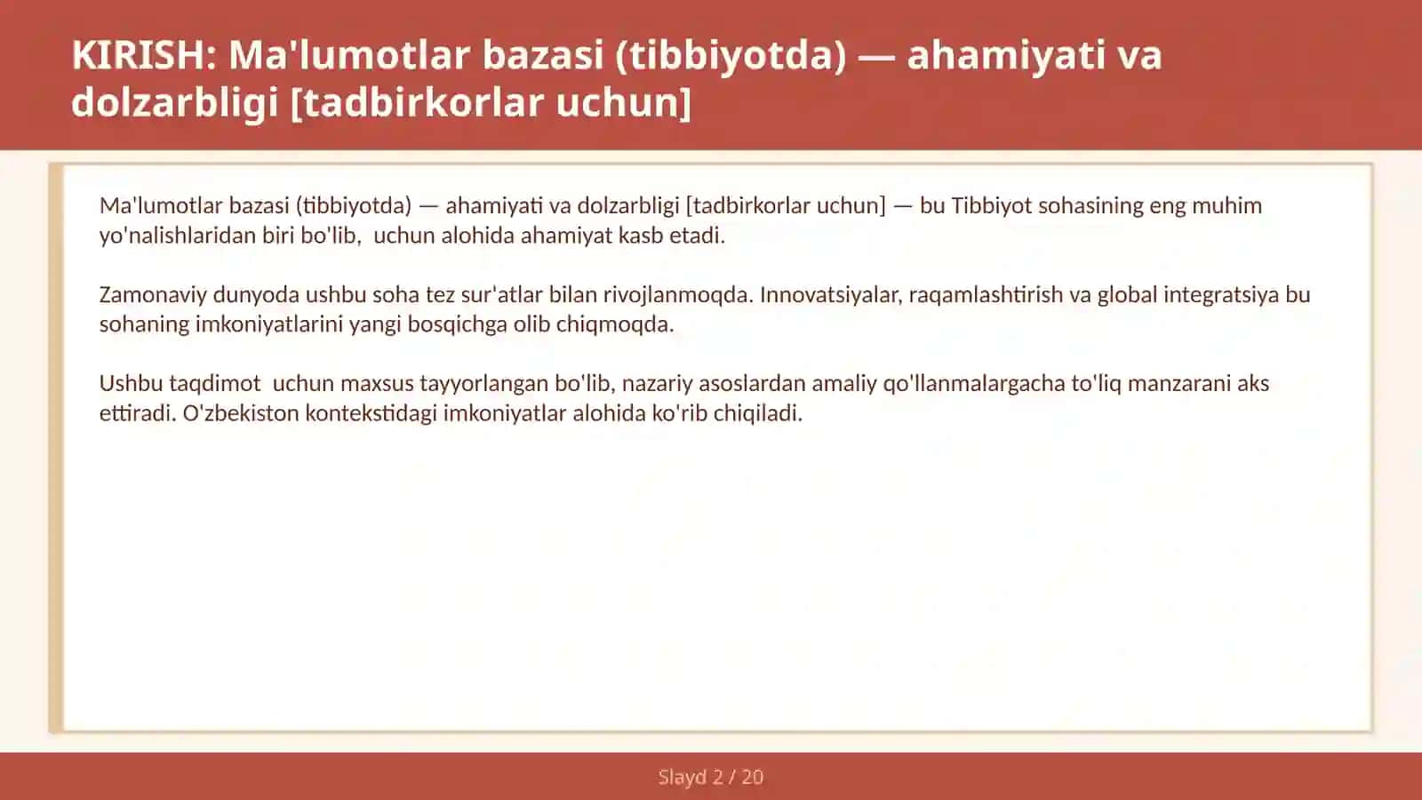 Ma'lumotlar bazasi (Tibbiyotda) — Ahamiyati va dolzarbligi [Tadbirkorlar uchun] 2