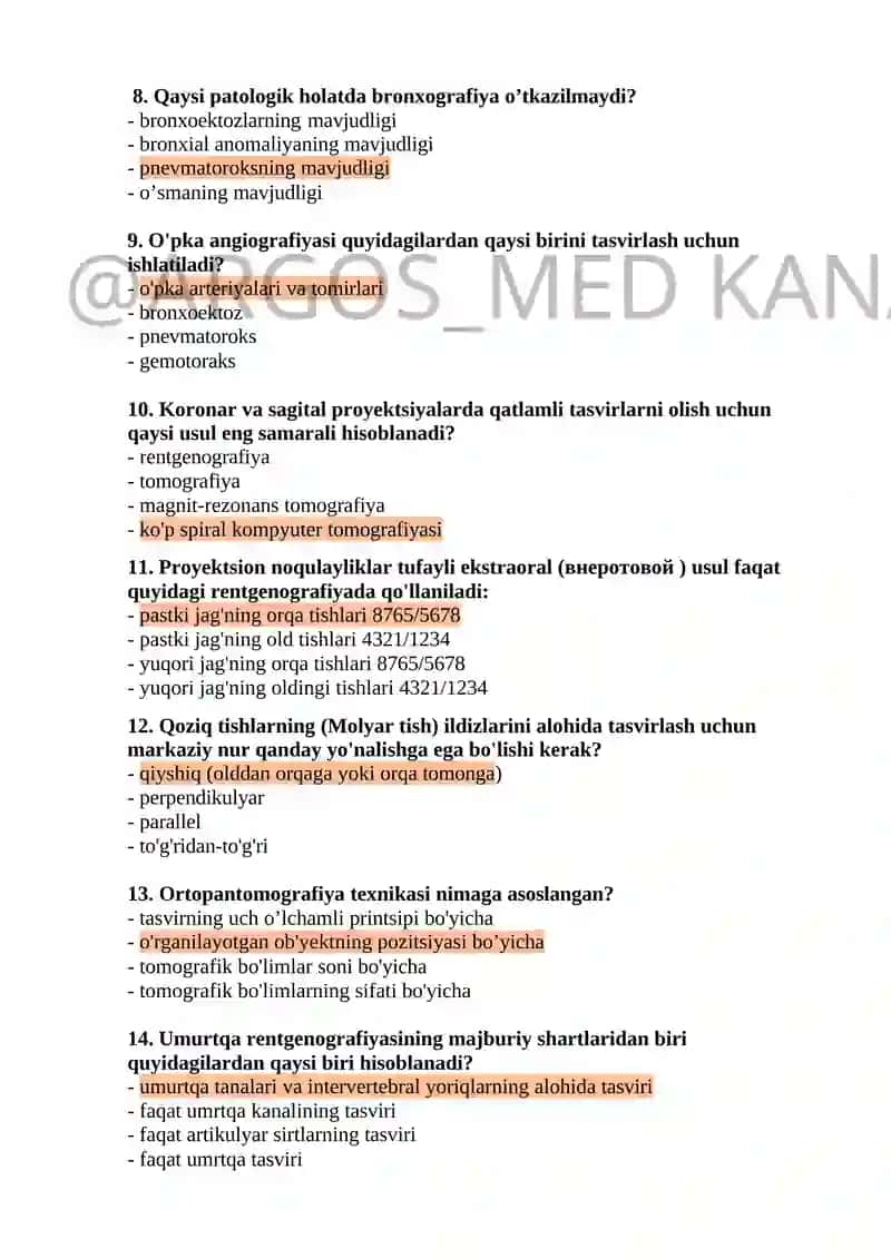Rentgen laboranti mutaxassisligi bo'yicha shakllantirilgan test savollar ro'yxatib argos 2