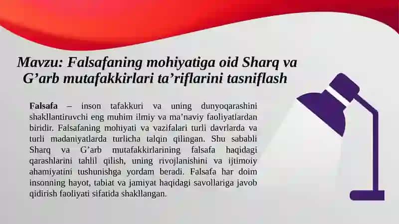 Falsafaning mohiyati va oid Sharq va G'arb mutafakkirlari ta'riflarini tasniflash 2