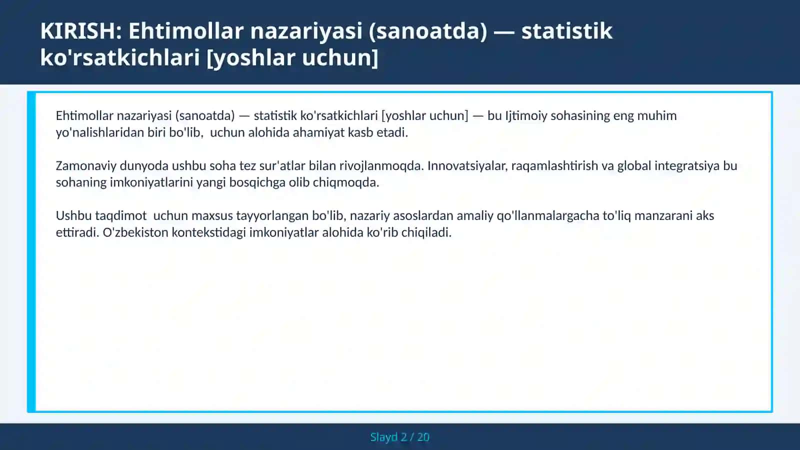 Ehtimollar nazariyasi (sanoatda) — statistik ko'rsatkichlari [yoshlar uchun] 2