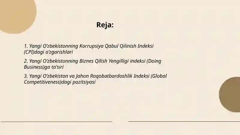 Yangi O‘zbekiston ijtimoiy-siyosiy, iqtisodiy va madaniy hayotida roʻy berayotgan oʻzgarishlarning xalqaro reyting va indekslarda aks etishi 2