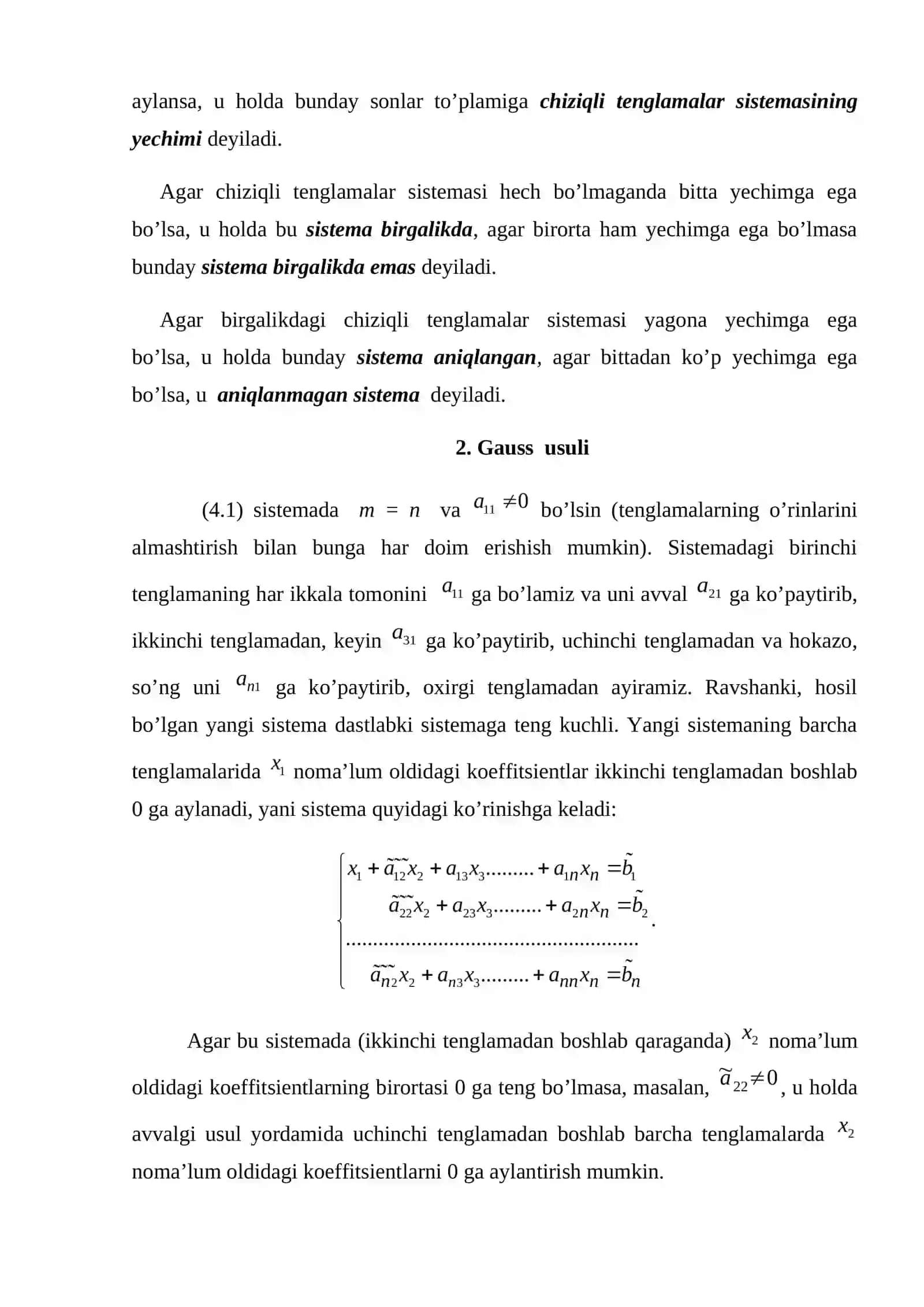 4-mavzu. Сhiziqli tеnglamalar sistеmasi. Kramеr qoidasi. Gauss usuli 2
