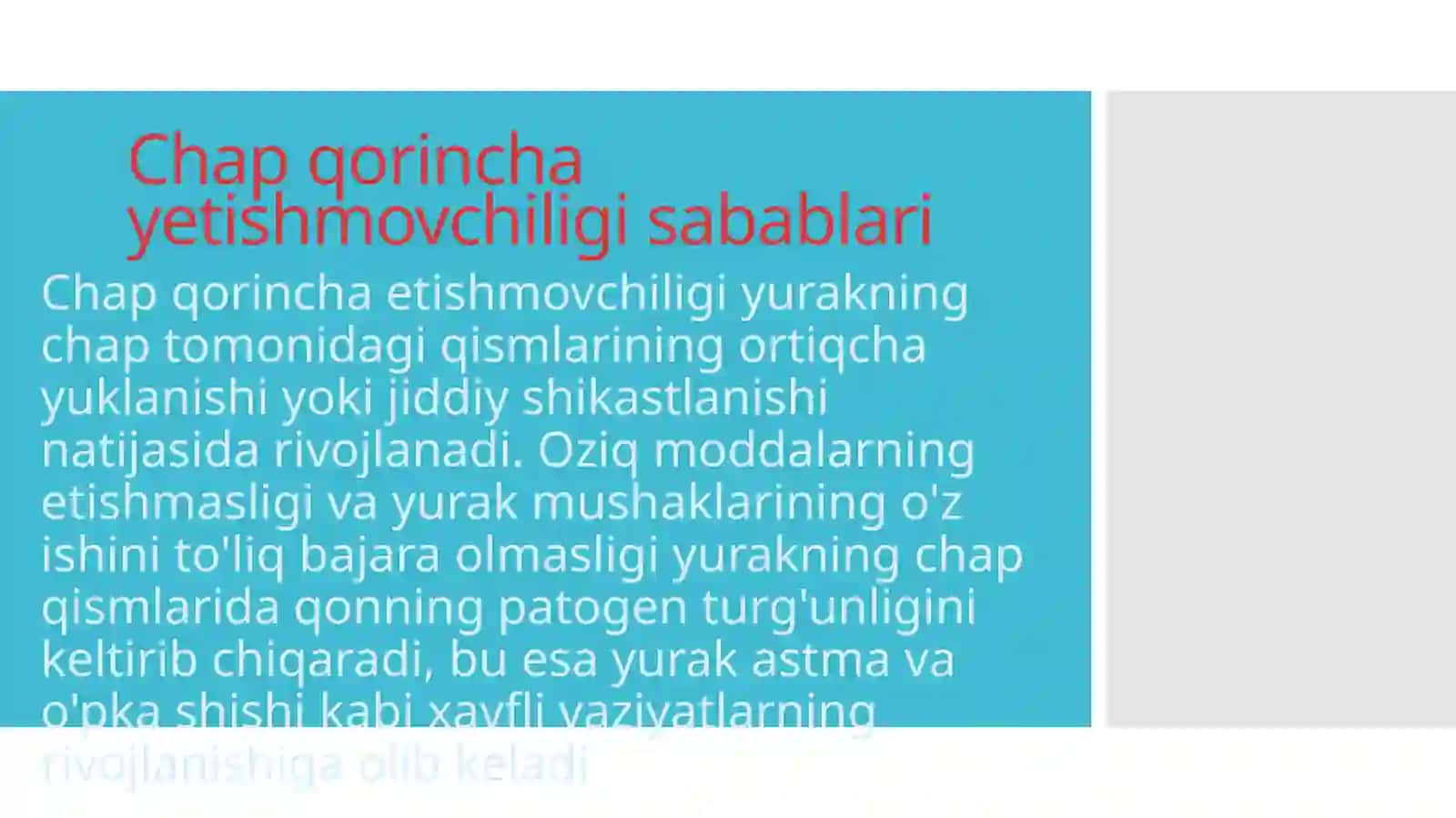 Umidaning Ichki kasalliklar fanidan 'Oʻtkir chap qorincha yetishmovchiligi. Yurak astmasi va oʻpka shishi' 2
