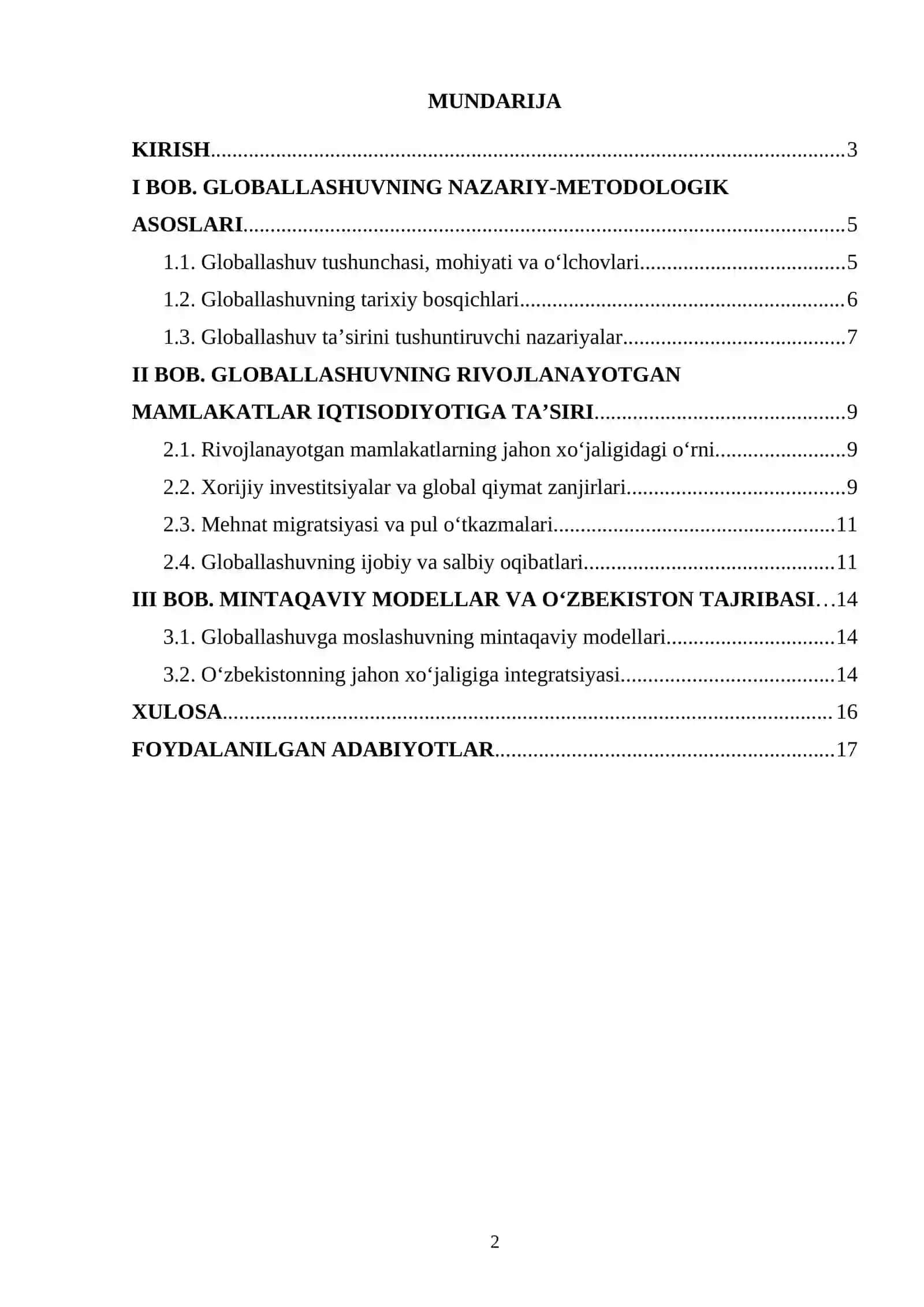 dunyo iqtisodiyotida globallashuv jarayoni referat 2
