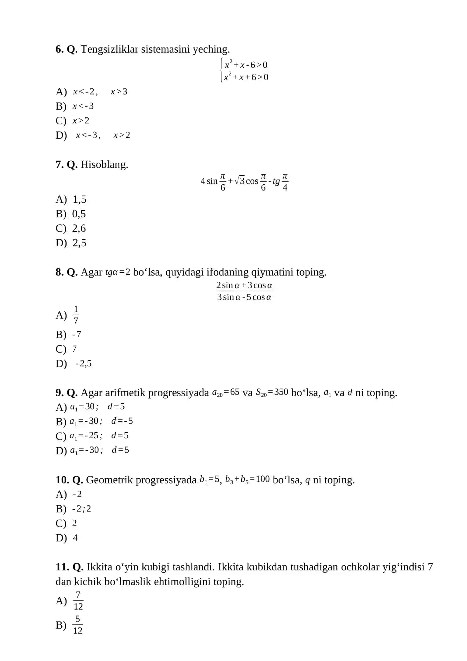 Matematika 9 sinf I variant 2