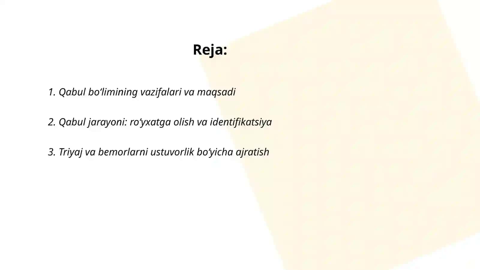 Kasal xonalarda qabul boʻlimi, muolaja xonasi, tramatalogiya boʻlimi haqida umumiy maʼlumot 2