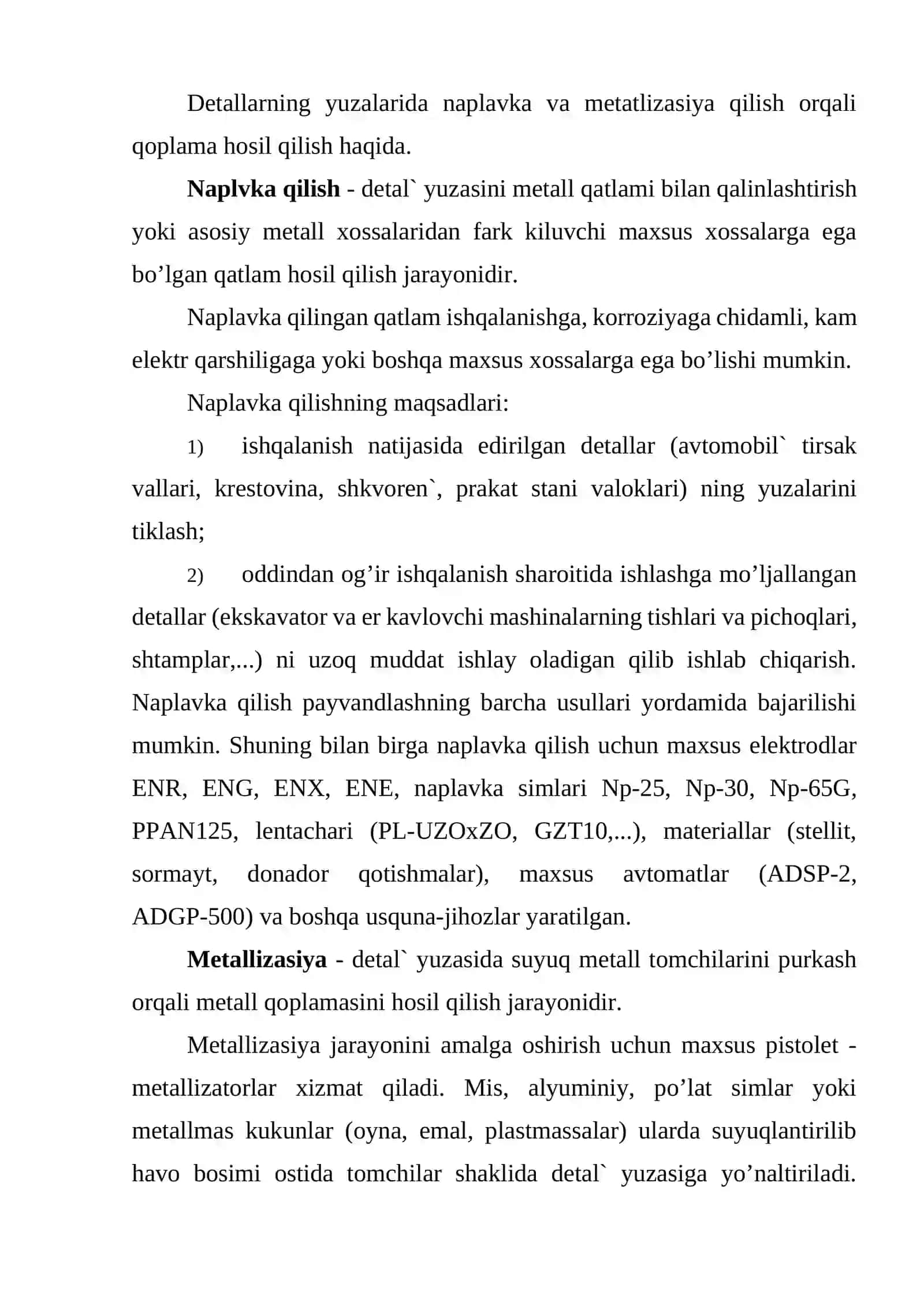 Mеtаllаrni nаplаvkа qilish, kаvshаrlаsh vа turli usullаr bo’yichа pаyvаndlаsh tеxnоlоgiyasi 2