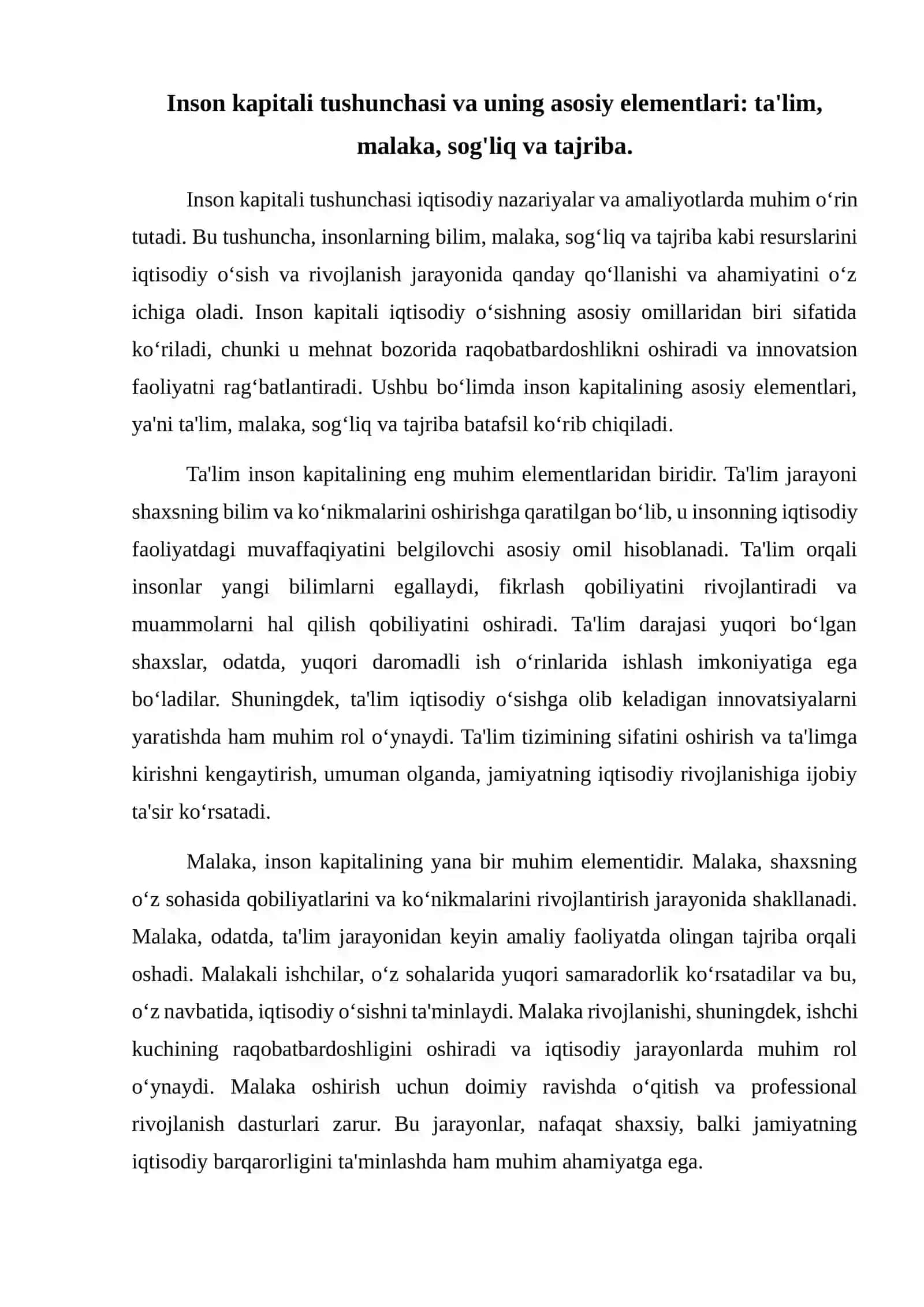 Inson kapitali va iqtisodiy o‘sish o‘rtasidagi bog‘liqlik. 2