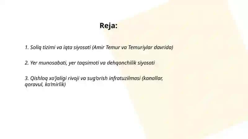Amir Temur va Temuriylar davridagi iqtisodiy g'oyalar va iqtisodiy siyosat 2