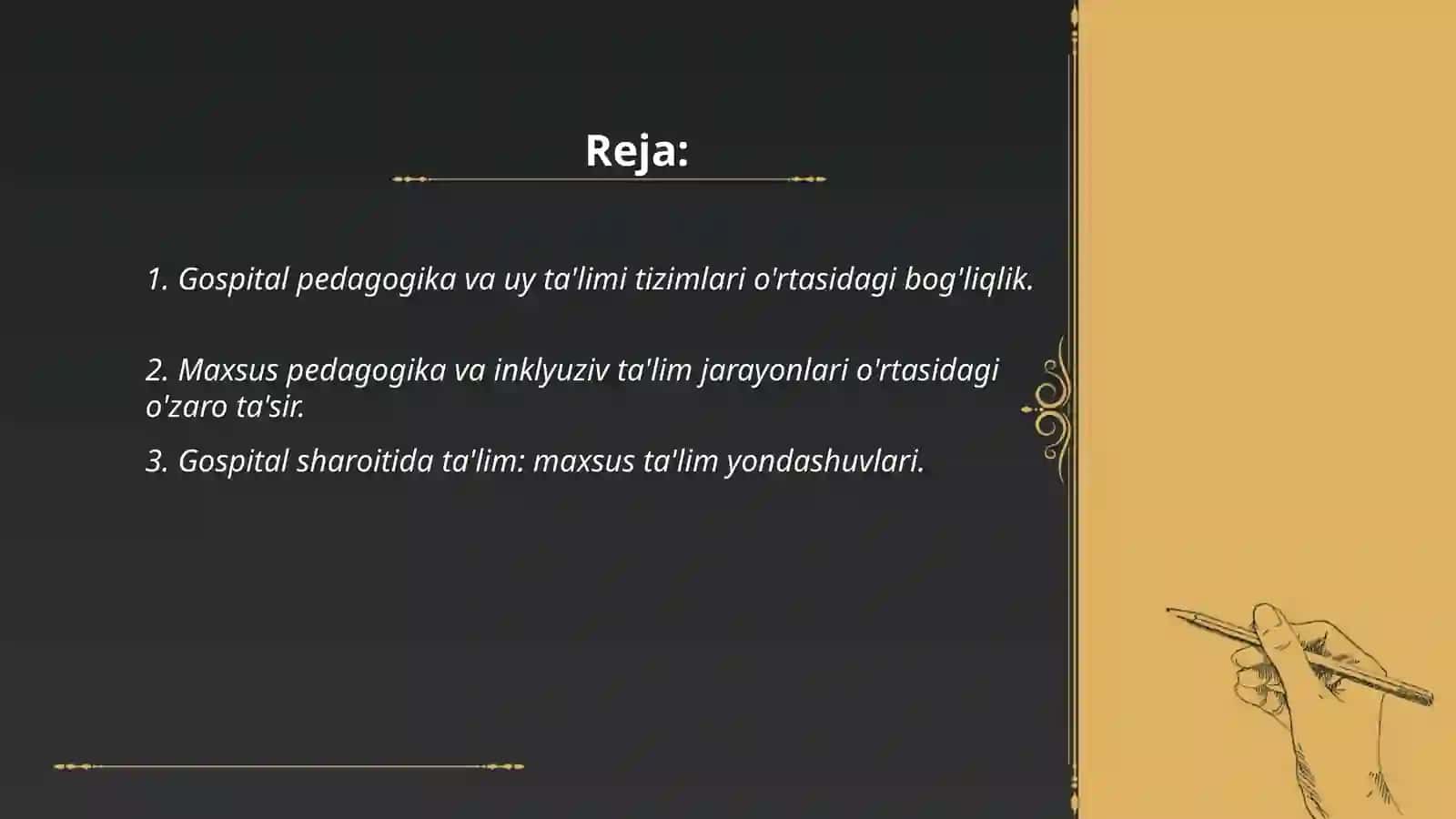 Gospital pedagogika fanining maxsus pedagogika boshqa yo’nalishlari bilan bog’liqligi ( uy ta’limi, inklyuziv ta’lim, maxsus ta’lim, Mehrli maktab) 2