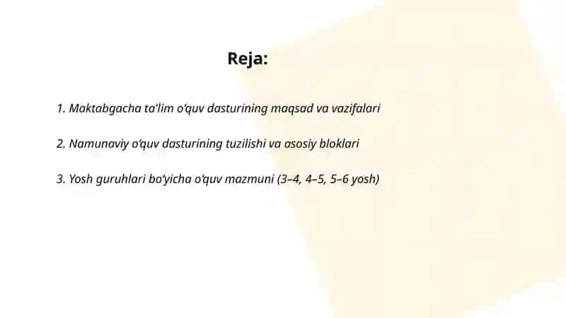 MAKTABGACHA TA’LIMNING O‘QUV DASTURI VA NAMUNAVIY O‘QUV DASTURI 2