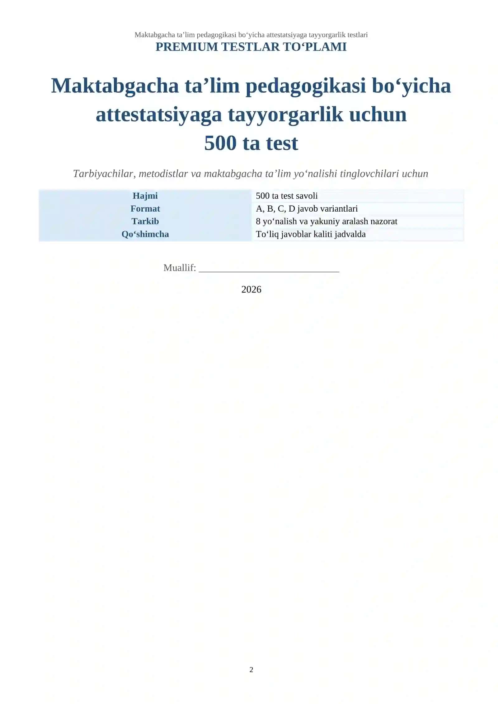 Maktabgacha ta’lim pedagogikasi bo‘yicha attestatsiyaga tayyorgarlik testlari 2