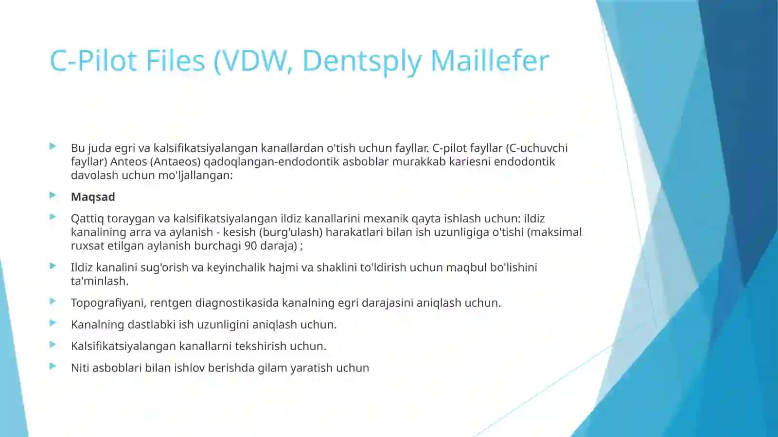 Qiyin o’tuvchi va qiyshiq kanallarga ishlov berishda qo’llaniladigan endodontik C-Pilot Files (VDW,DentsplyMaillefer 2