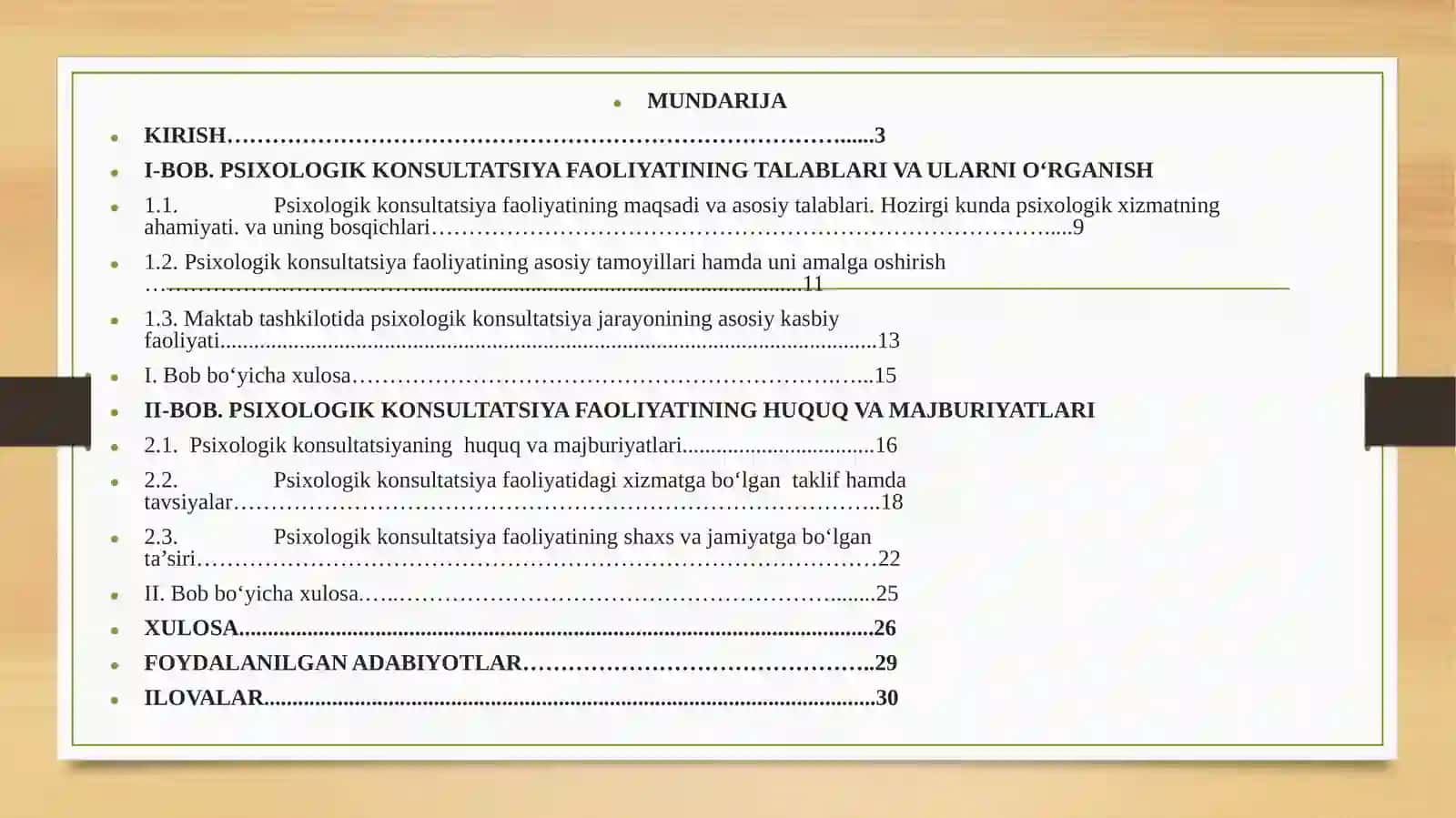 Ijtimoiy fanlar fakulteti Psixologiya (Amaliy psixologiya) t’lim yo‘nalishi 4-bosqich 222-guruh talabasi Bazarova Ruzigulning “Ta’lim muassasalarida psixologik xizmat” fanidankursi shibo‘yicha tayyorlagan taqdimoti 2